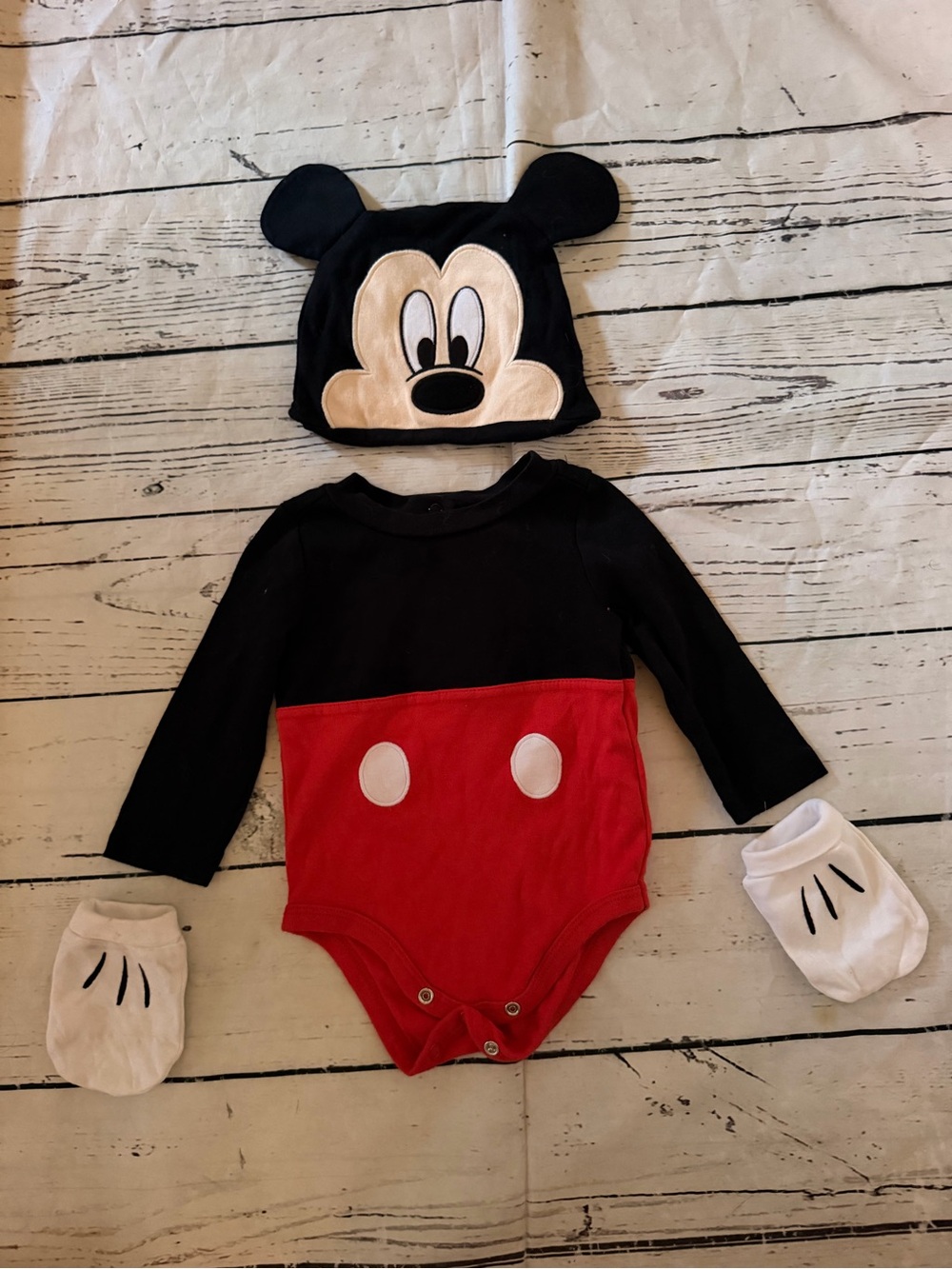 Disney Black Red Mickey Mouse Bodysuit Set with Hat and Mittens